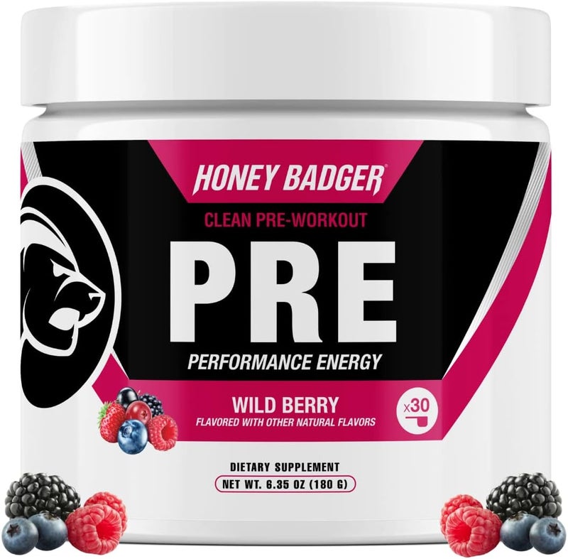 Honey Badger مسحوق هوني بادجر قبل التمرين كيتو نباتي للرجال والنساء بيتا ألانين كافيين خالي من السكر مكمل طاقة طبيعي توت بري 30 حصة - Image 1