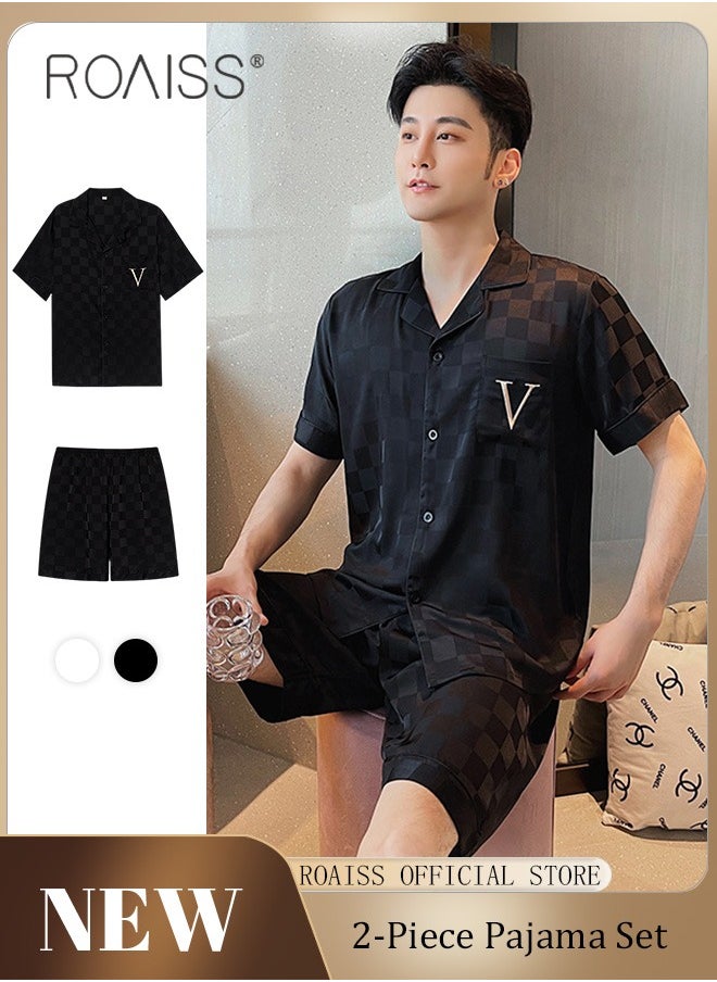 roaiss - 2-Piece Set Men's Short Sleeves Pajamas Set Pants Sleepwear Satin Grid Printing Silk Male Loose Shirts Spring Summer Thin Loungewear Home Clothes Black - Image 1
