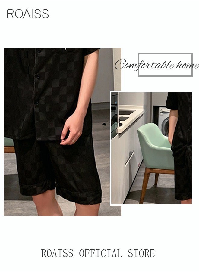 roaiss - 2-Piece Set Men's Short Sleeves Pajamas Set Pants Sleepwear Satin Grid Printing Silk Male Loose Shirts Spring Summer Thin Loungewear Home Clothes Black - Image 1