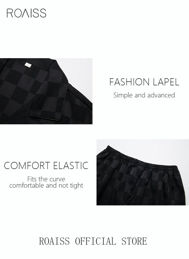 roaiss - 2-Piece Set Men's Short Sleeves Pajamas Set Pants Sleepwear Satin Grid Printing Silk Male Loose Shirts Spring Summer Thin Loungewear Home Clothes Black - Image 1