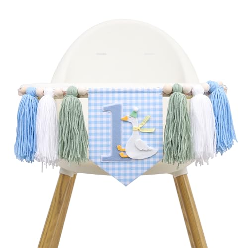 Agkvw One Funny Goose High Chair Banner for Boys Goose Theme 1st Birthday Decorations Blue Gingham Style 1st Birthday Yarn Tassel Banner Boys First Birth day Decor - Image 1