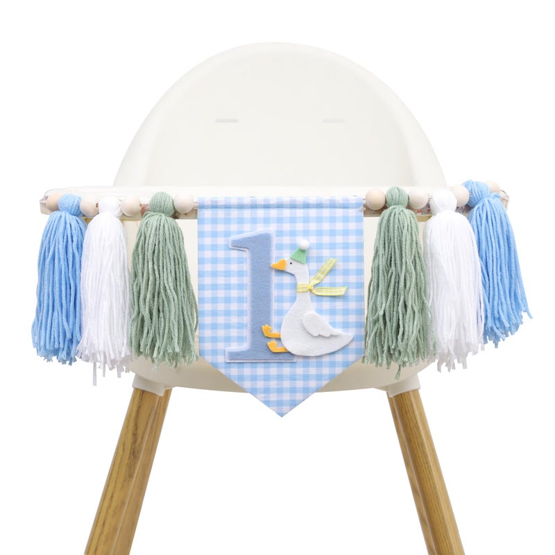 Agkvw One Funny Goose High Chair Banner for Boys Goose Theme 1st Birthday Decorations Blue Gingham Style 1st Birthday Yarn Tassel Banner Boys First Birth day Decor - Image 2