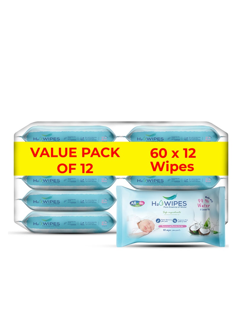 All day wipes All Day H2O Wet Wipes 99% Water & Coconut Oil -60 Count : Made with 99.9% Pure Water and Infused with Natural Coconut Extract for Added Hydration and Nourishment. ( Pack of 12) - Image 1