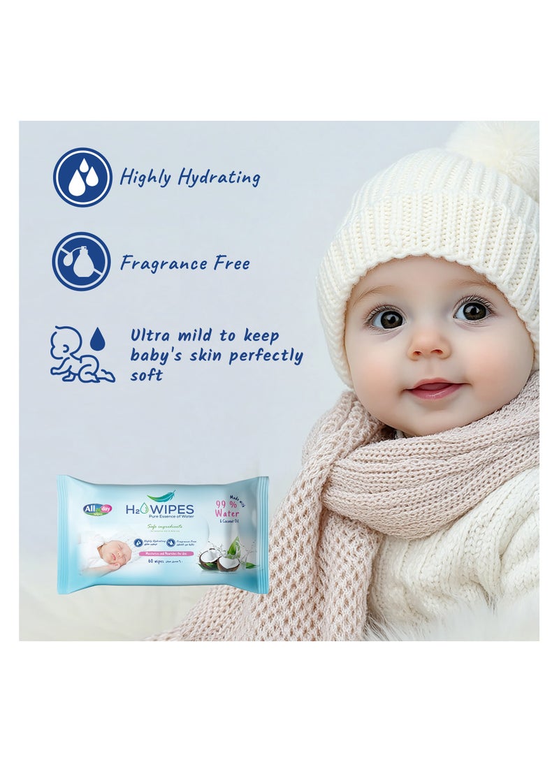 All day wipes All Day H2O Wet Wipes 99% Water & Coconut Oil -60 Count : Made with 99.9% Pure Water and Infused with Natural Coconut Extract for Added Hydration and Nourishment. ( Pack of 12) - Image 4