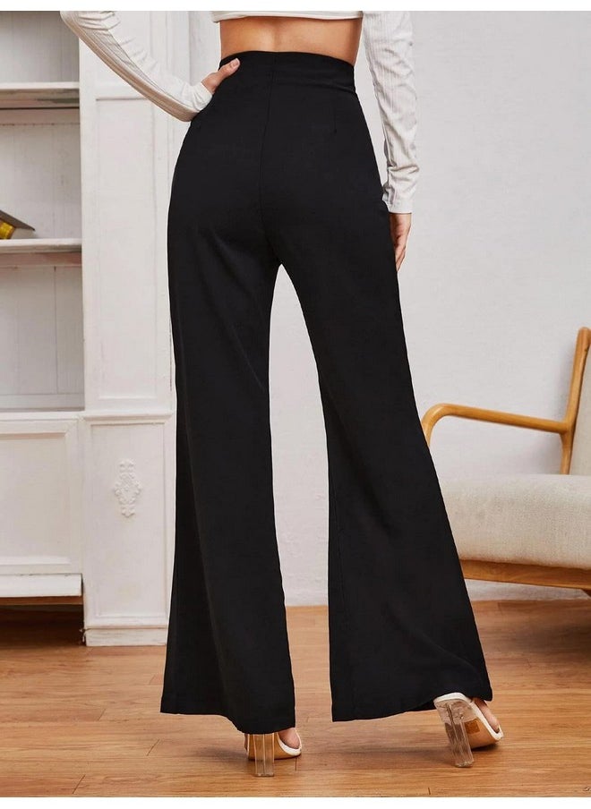 Kotty KOTTY Womens High Rise Viscose Rayon Flared Fit Solid Trousers Dark Black  - Image 4