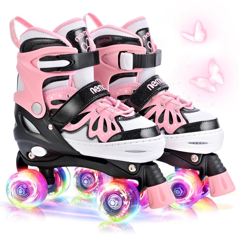 NEMONE 4 Size Adjustable Light up Roller Skates for Girls, Butterfly Roller Skates for Kids Ages 4-6 5-8 6-12 8-12, Todder Beginner Skates Indoor Outdoor Black Pink M - Image 1