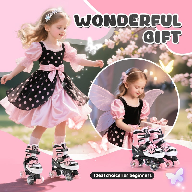 NEMONE 4 Size Adjustable Light up Roller Skates for Girls, Butterfly Roller Skates for Kids Ages 4-6 5-8 6-12 8-12, Todder Beginner Skates Indoor Outdoor Black Pink M - Image 2