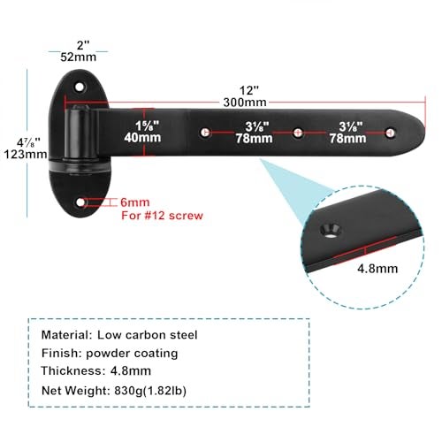 MOUNTAIN_ARK 4 Pack 12" Black Strap Gate Hinges, Heavy Duty T Shape Cranked Band Lift Off Door Hinge for Shed Barn Fence with Removeable Pin, 3/16" Thick - Image 2