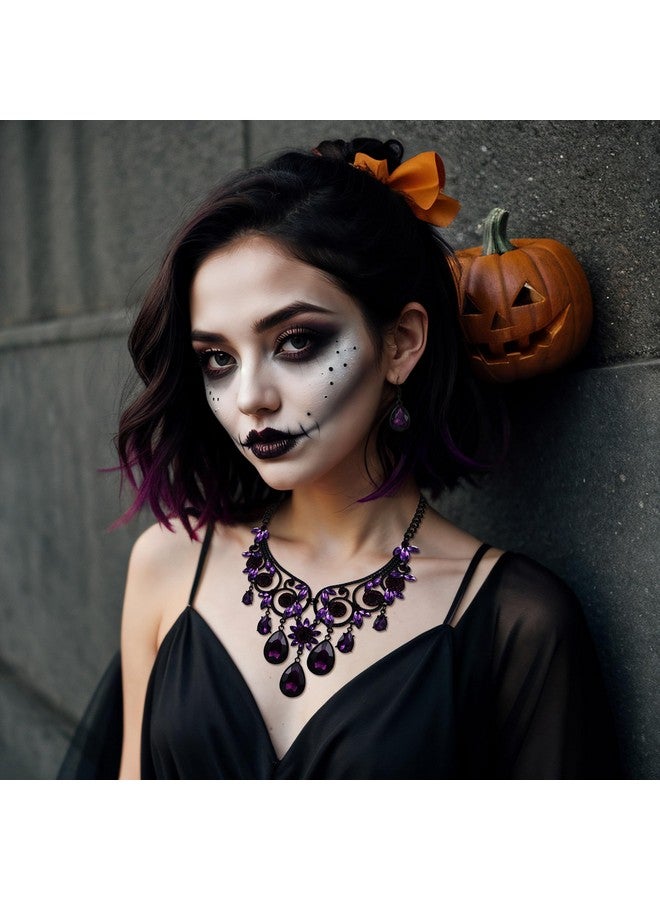 BriLove Women'S Tribal Ethnic Crystal Chunky Statement Necklace Dangle Earrings Set Purple Black-Tone - Image 2