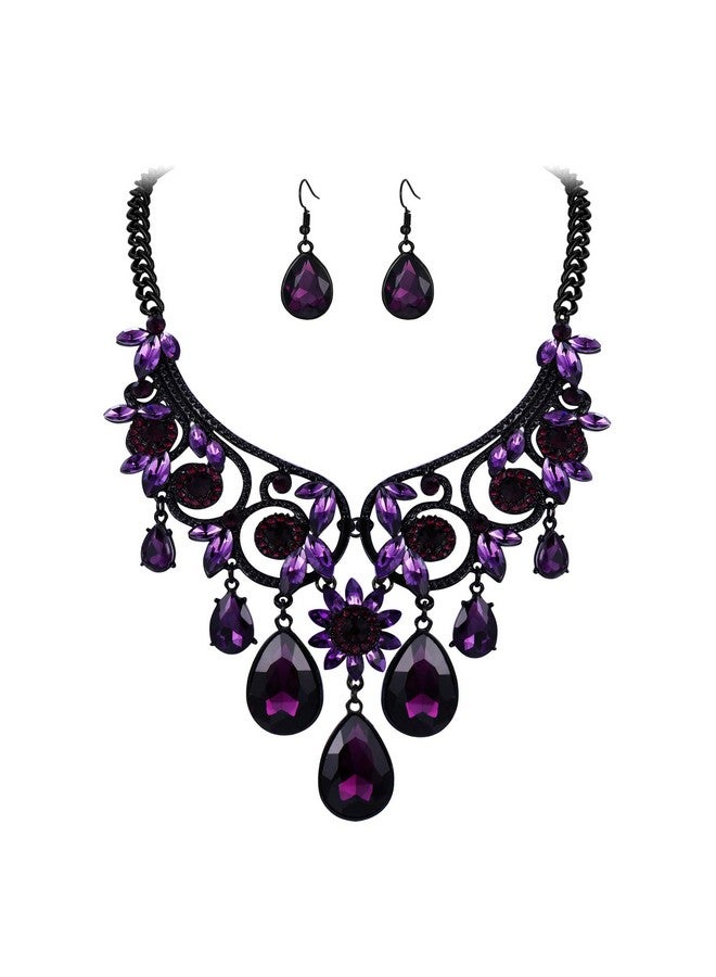 BriLove Women'S Tribal Ethnic Crystal Chunky Statement Necklace Dangle Earrings Set Purple Black-Tone - Image 1