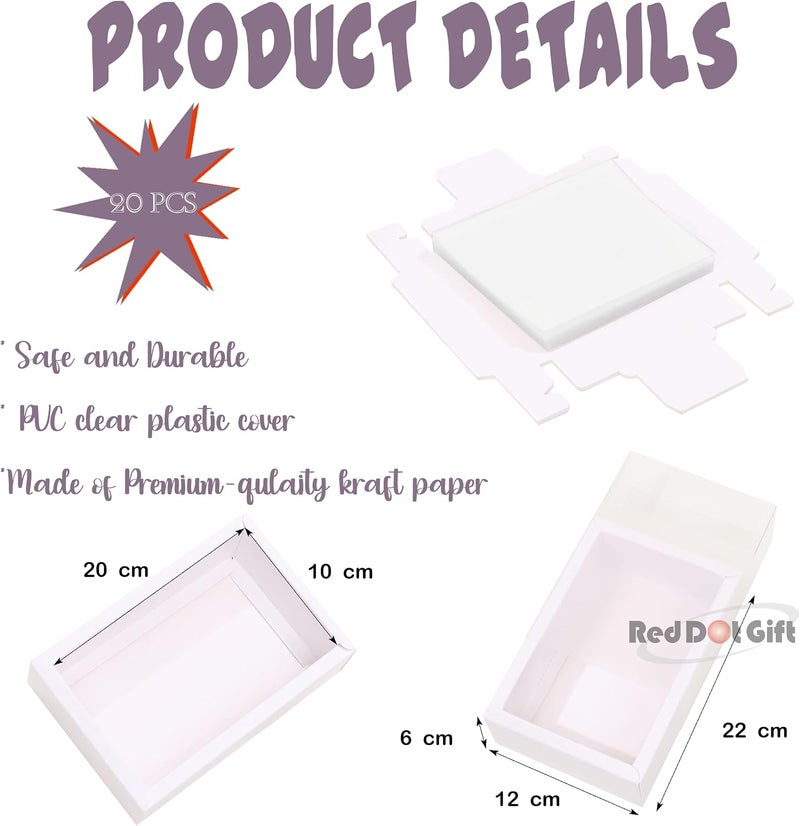 Red Dot Gift 20-pack DIY Rectangle Drawer Kraft Boxes With Clear Lid CT08: 22 * 12 * 6cm Cardboard Present Packaging Boxes for Party Favor Treats, Candy and Jewelry Crafts.(White) - Image 2