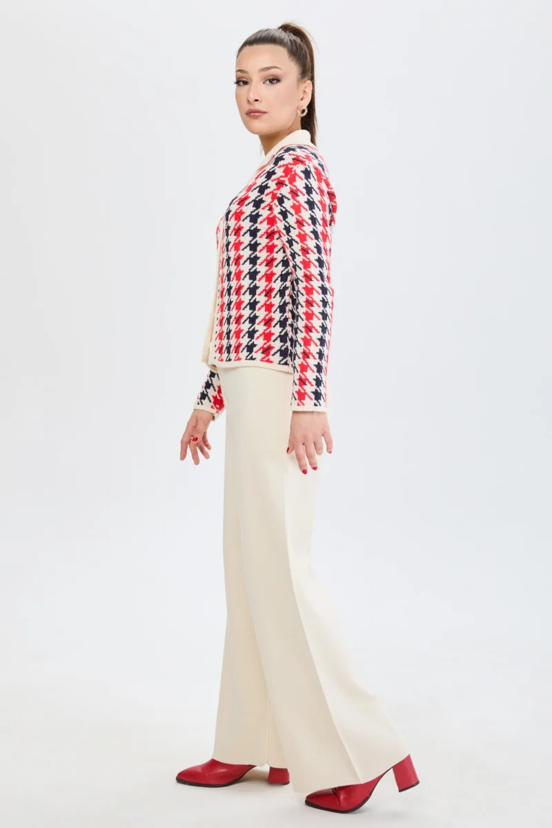 Tofisa 24203-CREAM Houndstooth Patterned Knitwear Cardigan Trousers Set