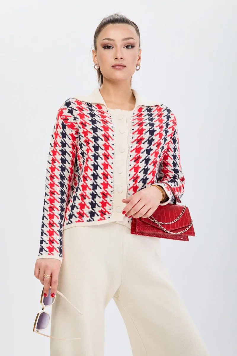 Tofisa 24203-CREAM Houndstooth Patterned Knitwear Cardigan Trousers Set