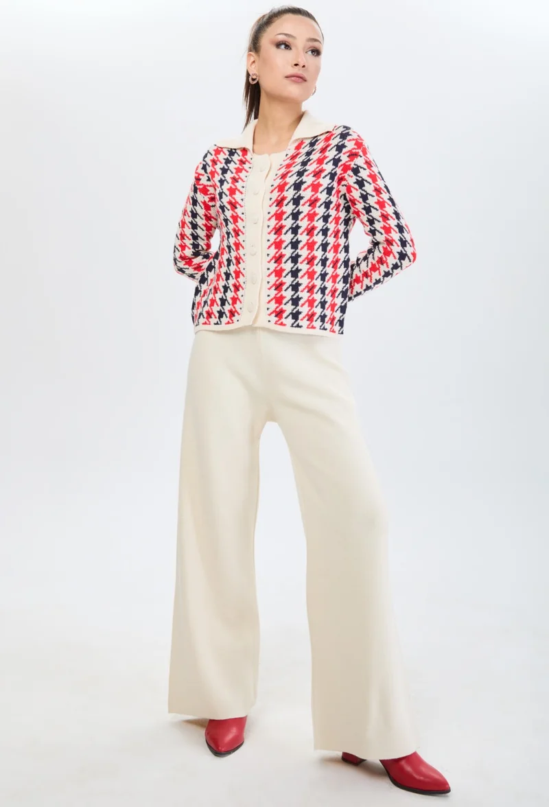 Tofisa 24203-CREAM Houndstooth Patterned Knitwear Cardigan Trousers Set