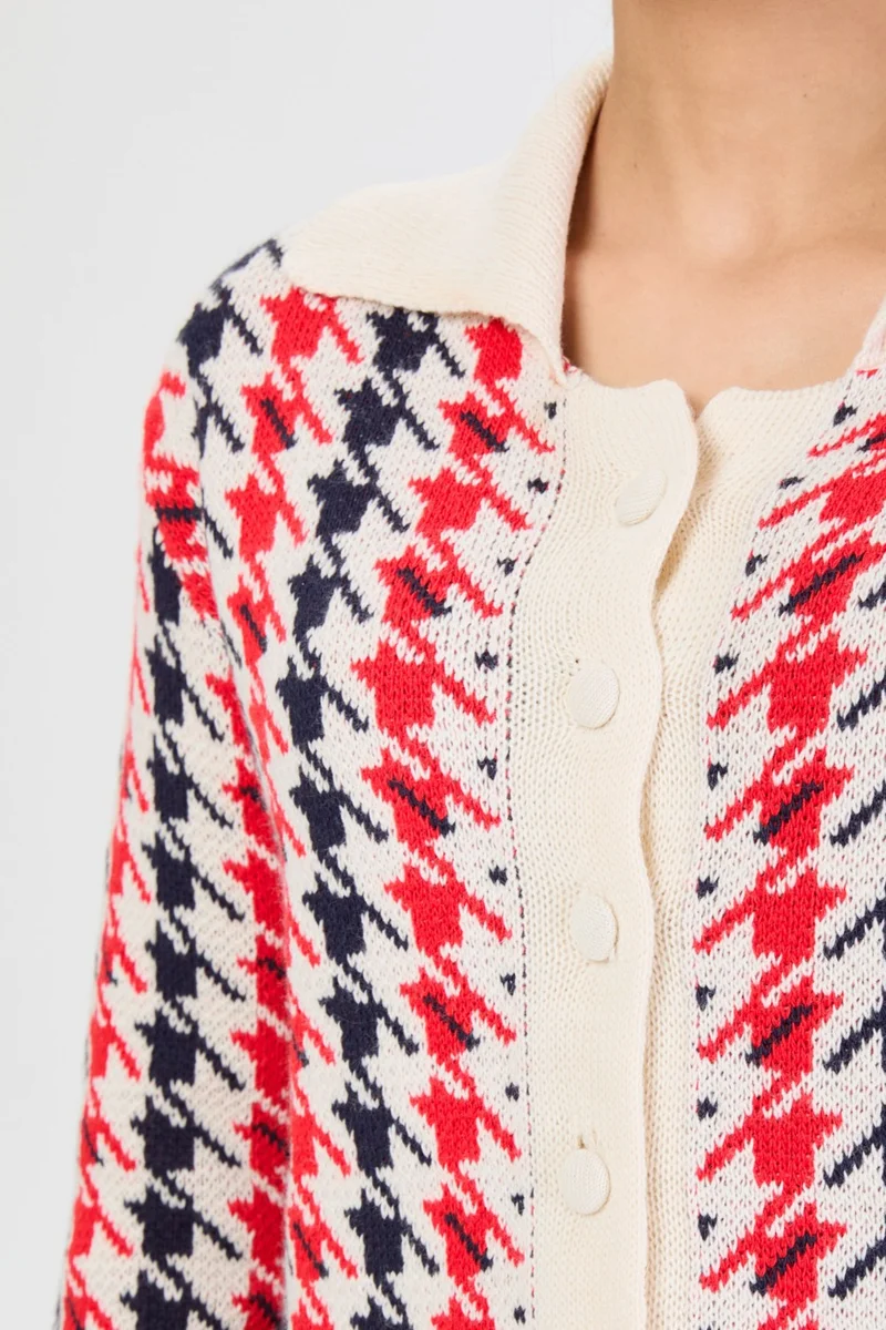 Tofisa 24203-CREAM Houndstooth Patterned Knitwear Cardigan Trousers Set