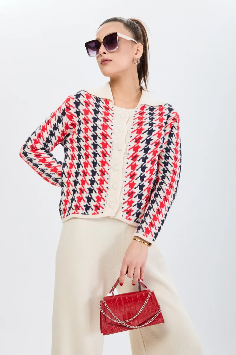 Tofisa 24203-CREAM Houndstooth Patterned Knitwear Cardigan Trousers Set