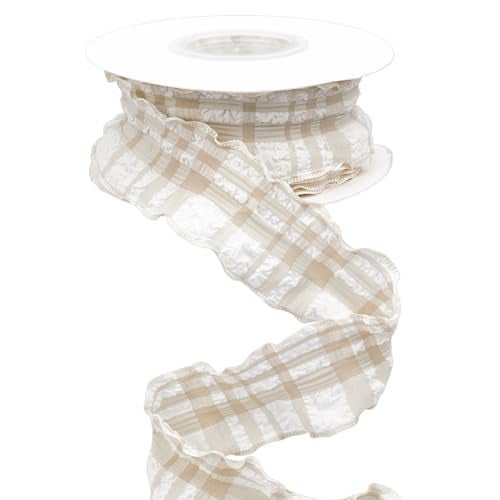 CABODYALS 10 Yards 1 5/8 Inch Beige Plaid Ribbon Checkered Ribbon Tan Gingham Double Chiffon Ruffled Edge Polyester Ribbon with Spool for Gift Wrapping Wedding Invitations Bouquets Christmas Decor - Image 1