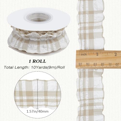 CABODYALS 10 Yards 1 5/8 Inch Beige Plaid Ribbon Checkered Ribbon Tan Gingham Double Chiffon Ruffled Edge Polyester Ribbon with Spool for Gift Wrapping Wedding Invitations Bouquets Christmas Decor - Image 2