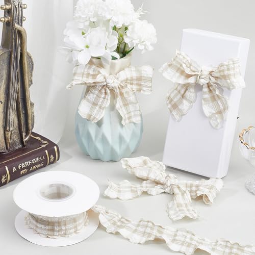 CABODYALS 10 Yards 1 5/8 Inch Beige Plaid Ribbon Checkered Ribbon Tan Gingham Double Chiffon Ruffled Edge Polyester Ribbon with Spool for Gift Wrapping Wedding Invitations Bouquets Christmas Decor - Image 4
