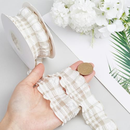 CABODYALS 10 Yards 1 5/8 Inch Beige Plaid Ribbon Checkered Ribbon Tan Gingham Double Chiffon Ruffled Edge Polyester Ribbon with Spool for Gift Wrapping Wedding Invitations Bouquets Christmas Decor - Image 3