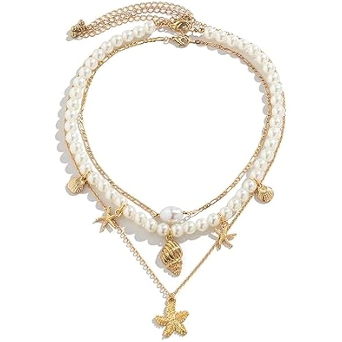 rayihni Layered Pearl Necklaces For Women, Dainty 14K Gold Plated Shell Starfish Necklace Personalized Fashion Beach Jewelry For Women - Image 1