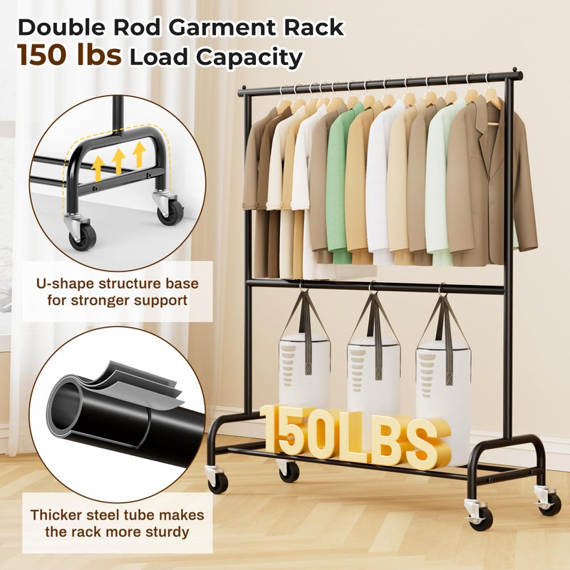 MISSLO Heavy Duty Clothes Rack for Hanging Clothes Rolling Clothing Rack Heavy Duty on Wheels for Coat, Garment, Matte Black (Double Rod) - Image 2