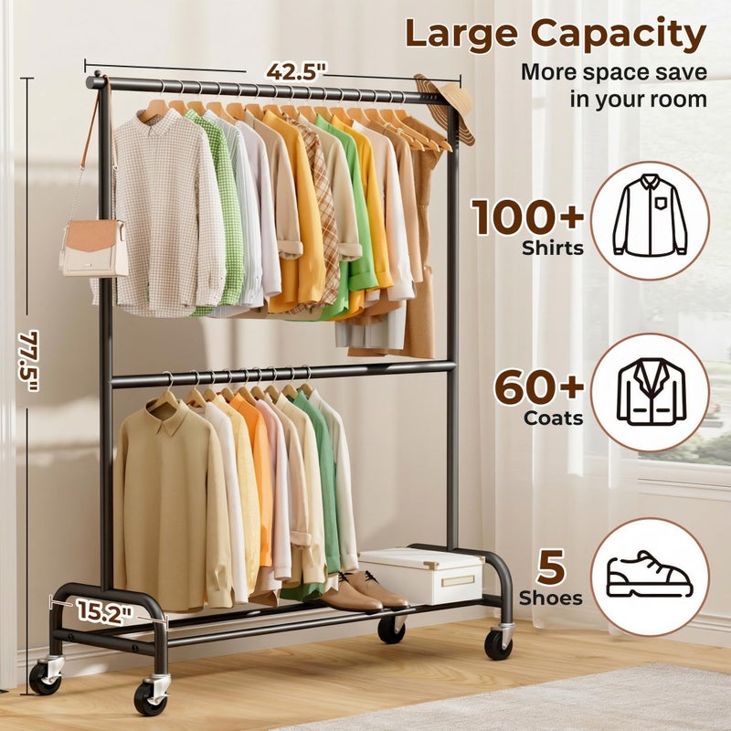 MISSLO Heavy Duty Clothes Rack for Hanging Clothes Rolling Clothing Rack Heavy Duty on Wheels for Coat, Garment, Matte Black (Double Rod) - Image 4