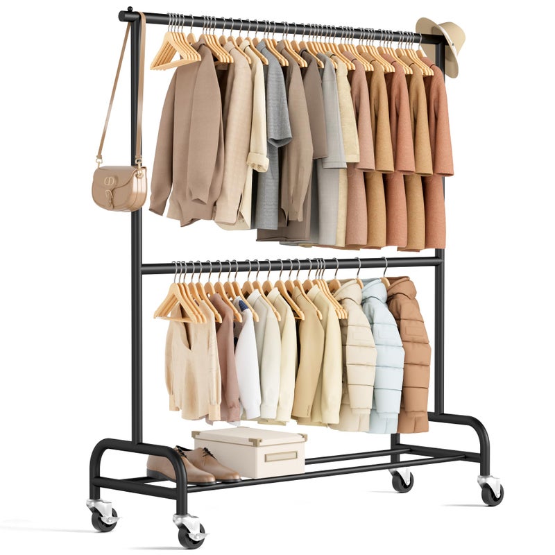 MISSLO Heavy Duty Clothes Rack for Hanging Clothes Rolling Clothing Rack Heavy Duty on Wheels for Coat, Garment, Matte Black (Double Rod) - Image 1