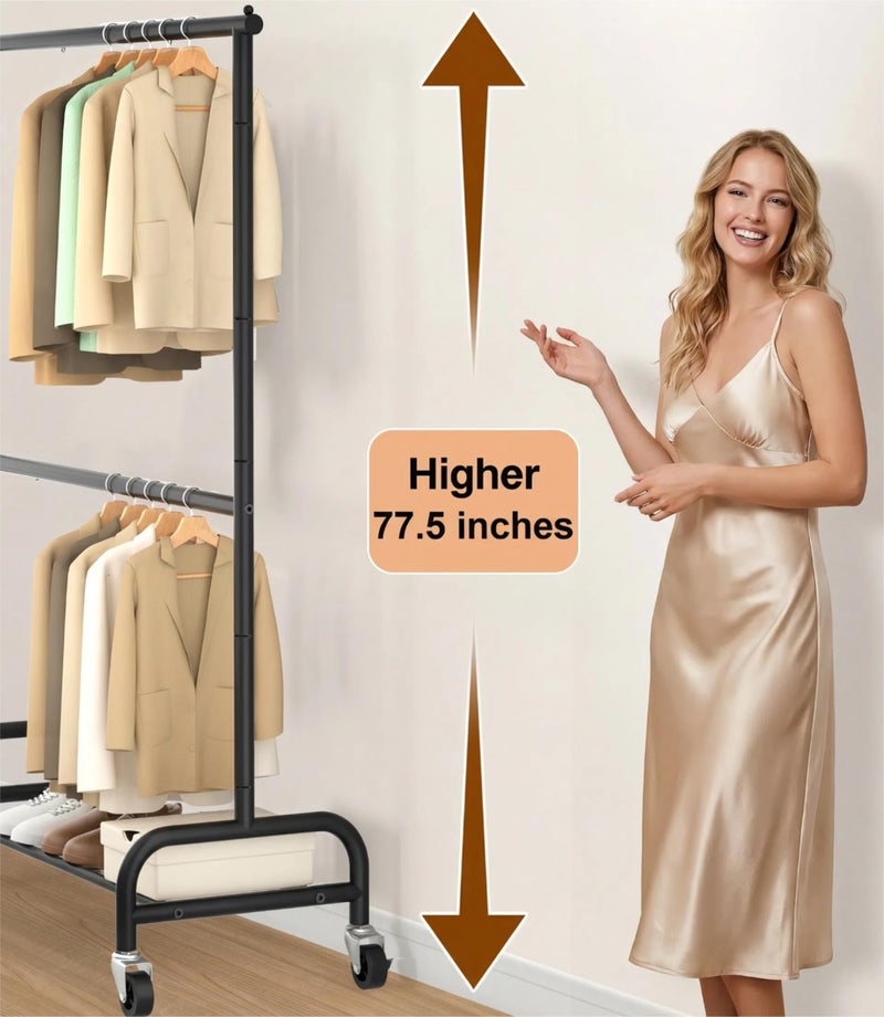 MISSLO Heavy Duty Clothes Rack for Hanging Clothes Rolling Clothing Rack Heavy Duty on Wheels for Coat, Garment, Matte Black (Double Rod) - Image 3