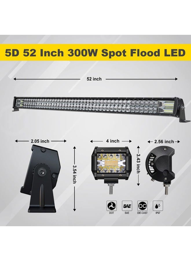 Feelon 5D 52'' inch Curved LED Light Bar + 4'' inch White/Amber Yellow LED Pods Strobe Light Driving Fog Light Spot Flood Combo Beam Offroad Lighting with Switch Wiring Harness for Truck Pickup ATV - Image 2
