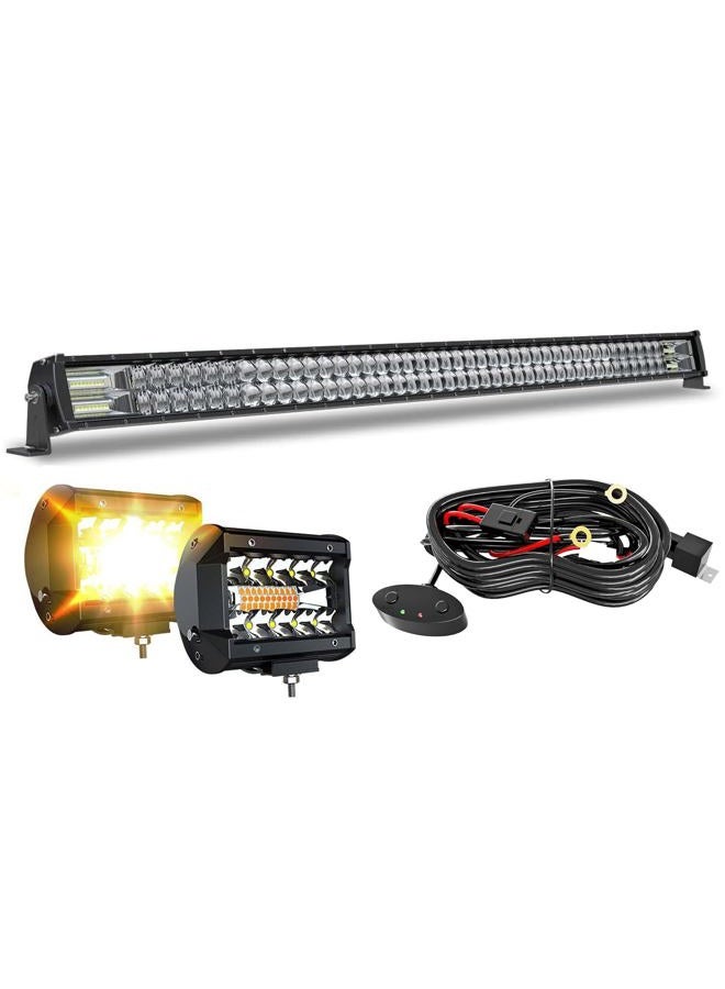 Feelon 5D 52'' inch Curved LED Light Bar + 4'' inch White/Amber Yellow LED Pods Strobe Light Driving Fog Light Spot Flood Combo Beam Offroad Lighting with Switch Wiring Harness for Truck Pickup ATV - Image 1