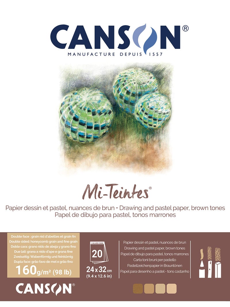 CANSON MiTeintes Coloured Drawing 160gsm 24x32cm Paper Pack Double Sided Honeycomb Fine Grain Pad Glued Short Side 4 Brown Tones 20 Sheets for Professional Artists Illustrators