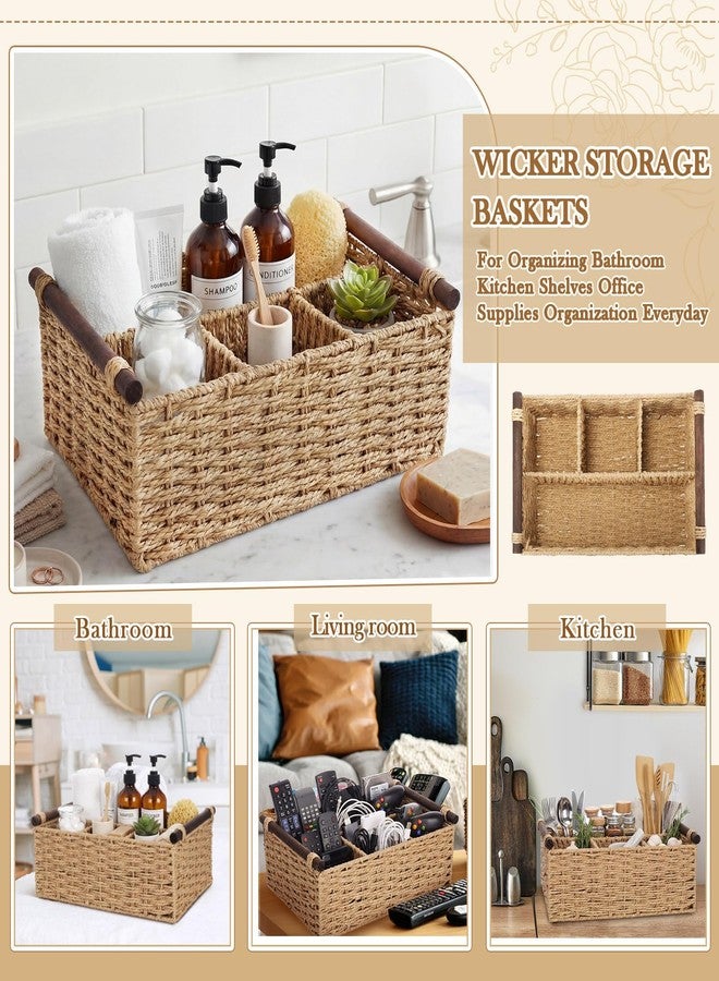Remerry Bathroom Countertop Organizer Caddy, Wicker-Like Divided Basket with Handle and Metal Frame, 4 Compartment, Paper Rope Storage Organizer for Vanity Kitchen(Beige,15.35 x 10.24 x 6.3 in) - Image 4