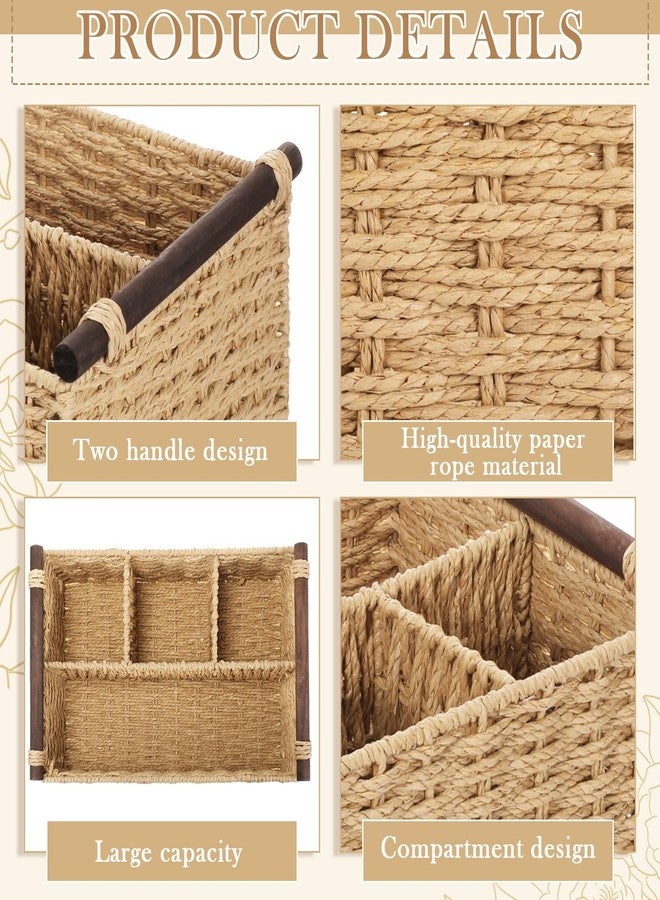 Remerry Bathroom Countertop Organizer Caddy, Wicker-Like Divided Basket with Handle and Metal Frame, 4 Compartment, Paper Rope Storage Organizer for Vanity Kitchen(Beige,15.35 x 10.24 x 6.3 in) - Image 3