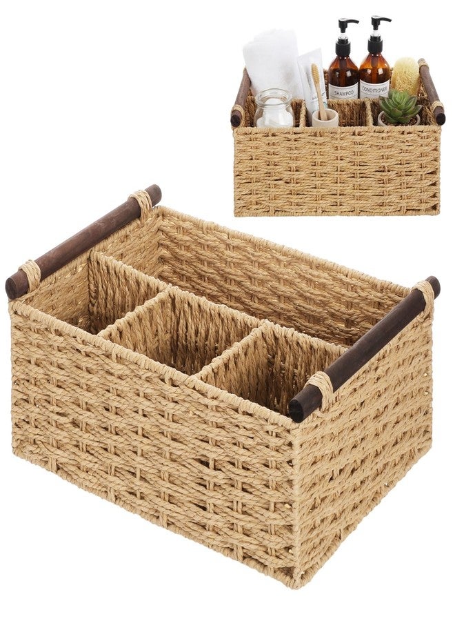 Remerry Bathroom Countertop Organizer Caddy, Wicker-Like Divided Basket with Handle and Metal Frame, 4 Compartment, Paper Rope Storage Organizer for Vanity Kitchen(Beige,15.35 x 10.24 x 6.3 in) - Image 1