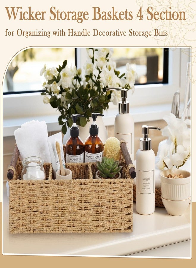 Remerry Bathroom Countertop Organizer Caddy, Wicker-Like Divided Basket with Handle and Metal Frame, 4 Compartment, Paper Rope Storage Organizer for Vanity Kitchen(Beige,15.35 x 10.24 x 6.3 in) - Image 5