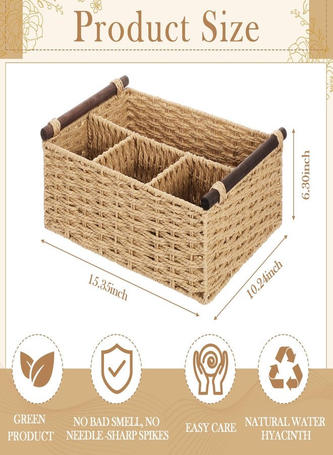 Remerry Bathroom Countertop Organizer Caddy, Wicker-Like Divided Basket with Handle and Metal Frame, 4 Compartment, Paper Rope Storage Organizer for Vanity Kitchen(Beige,15.35 x 10.24 x 6.3 in) - Image 2