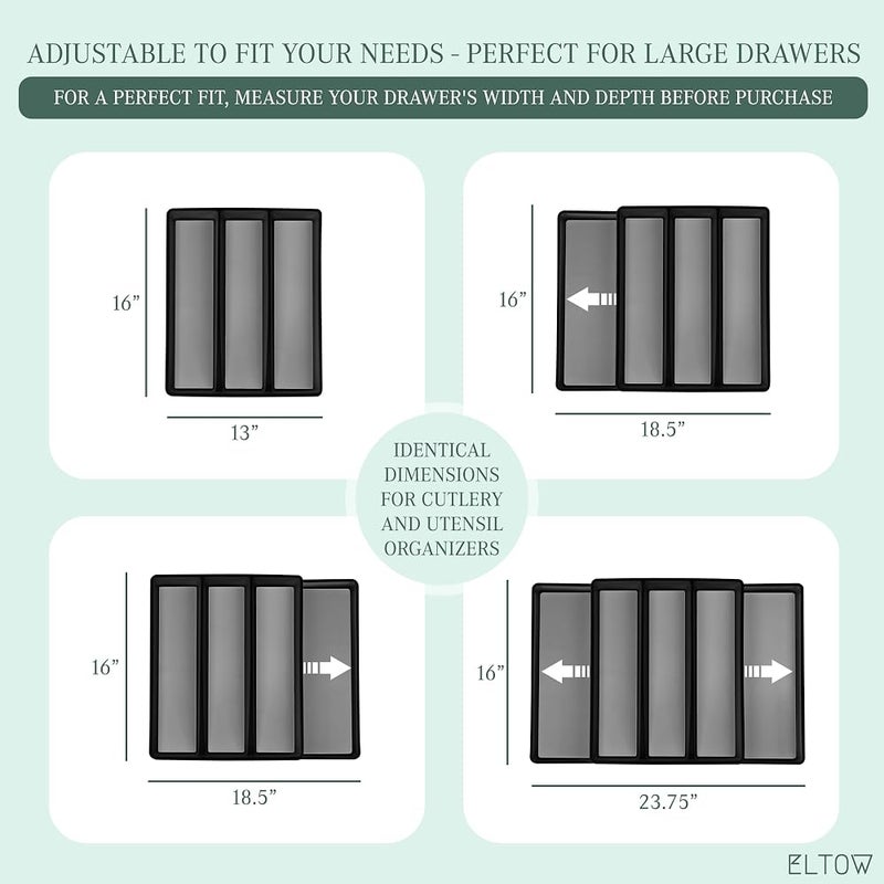 ELTOW Expandable Silverware Drawer Organizer & Utensil Tray Set, Non-Slip Kitchen Drawer Organizers and Storage, Kitchen Organization for Utensils, Cutlery, Office Supplies, Flatware Storage - Black - Image 2