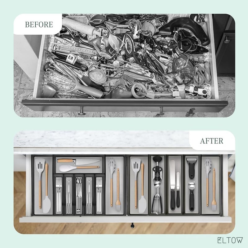 ELTOW Expandable Silverware Drawer Organizer & Utensil Tray Set, Non-Slip Kitchen Drawer Organizers and Storage, Kitchen Organization for Utensils, Cutlery, Office Supplies, Flatware Storage - Black - Image 5