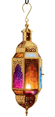 Purity Ornate Moroccan Style Hanging Lantern for Tealights  Multi Coloured Glass and Gold Coloured Metal Small 10 x 85 x 295cm
