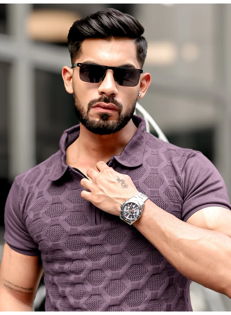 Maniac Maniac Mens Solid Textured Half Zip Polo Neck Half Sleeve Lavender Cotton T-Shirt