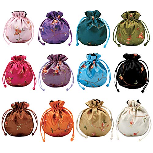 kilofly 12 Silk Coin Purse Drawstring Floral Embroidered Jewelry Bag Gift Pouch - Image 1