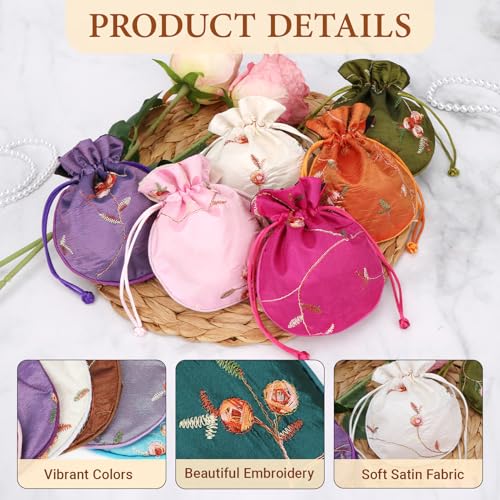 kilofly 12 Silk Coin Purse Drawstring Floral Embroidered Jewelry Bag Gift Pouch - Image 3