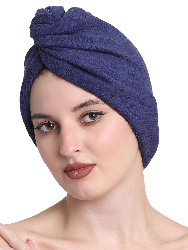 CREEVA Luxury 100% Terry Cotton Velour Women's Hair Wrap Towel 380 GSM, High Absorbent, Soft Velvet and Quick-Dry, Free Size Bath Hair Cup -Navy Blue - Image 1