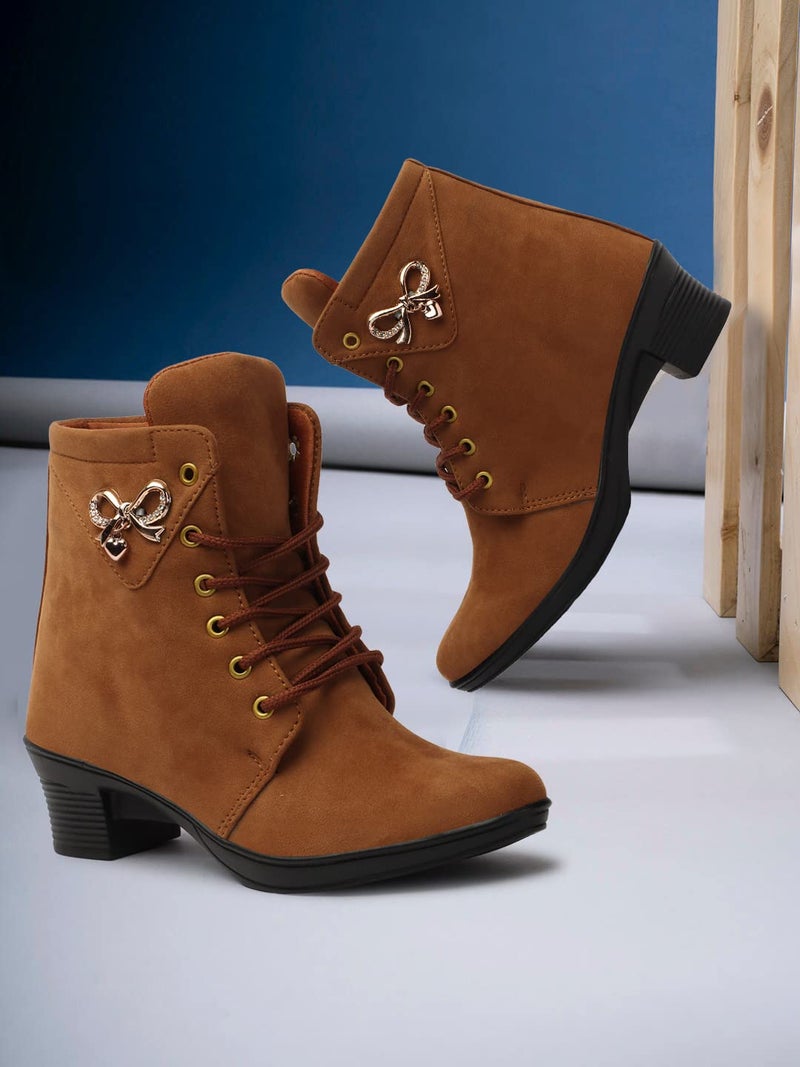 KRAFTER Women's And Girls Classic Winter Suede velvet High heel Boots Casual, Outdoor and Holiday Outings-Brown-Suede-M071-39 - Image 5