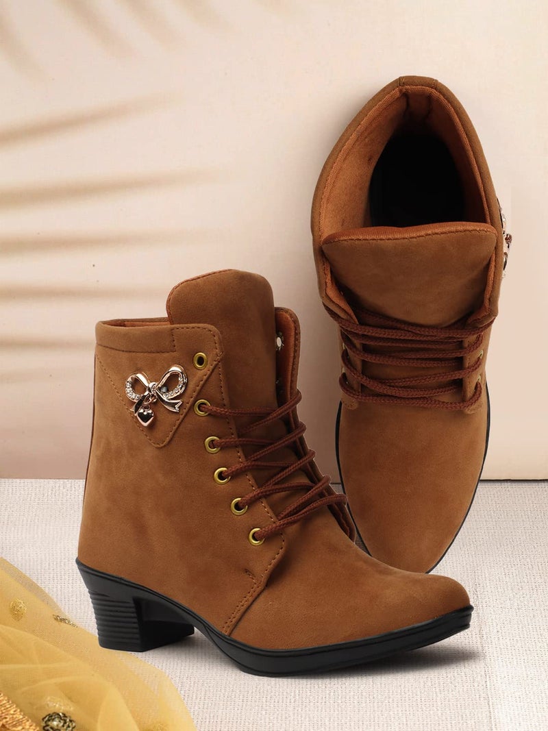 KRAFTER Women's And Girls Classic Winter Suede velvet High heel Boots Casual, Outdoor and Holiday Outings-Brown-Suede-M071-39 - Image 4