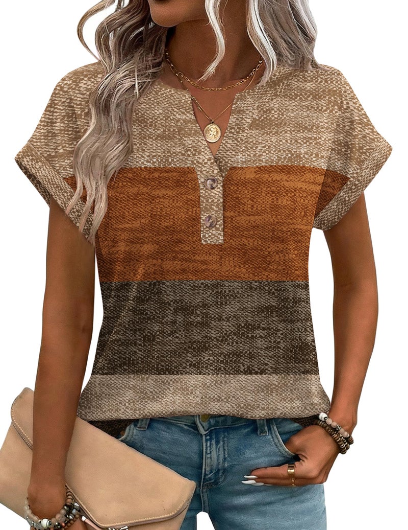 Zeagoo Women Striped Tops Short Sleeve Summer Shirts Dressy Casual V Neck Button Blouses Trendy Work Tee - Image 1