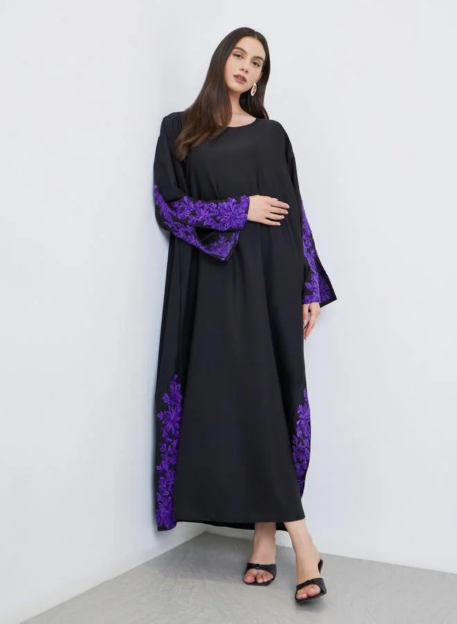 تايك تو Take Two Black Lace Insert A-Line Abaya