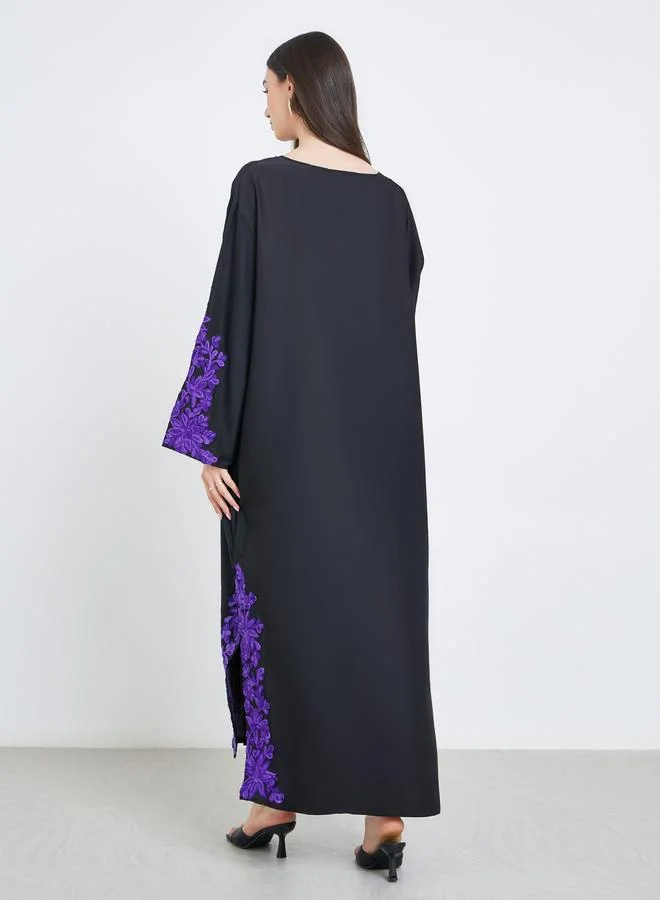 Take Two  Black Lace Insert A-Line Abaya for Women | Best Price UAE