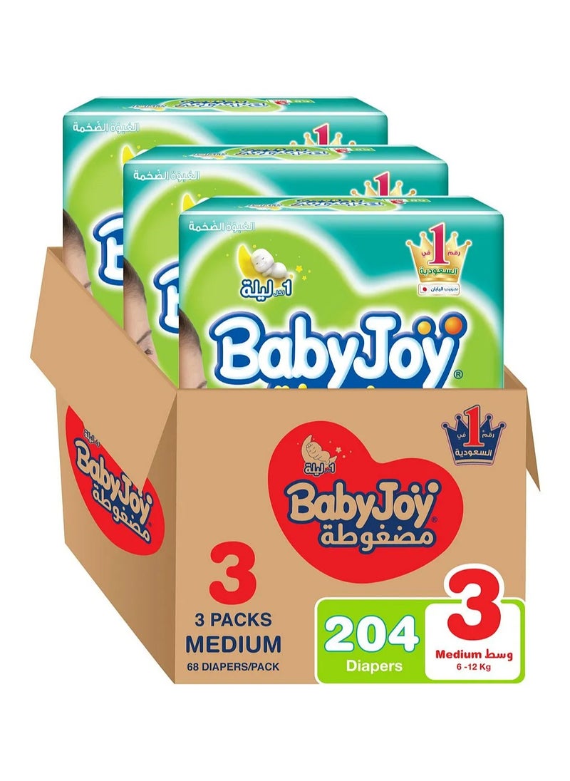 Baby Joy BabyJoy Compressed Diamond Pad Diaper, Size 3, Medium, 6-12 Kg, Mega Box, 204 Tape Style Diapers 